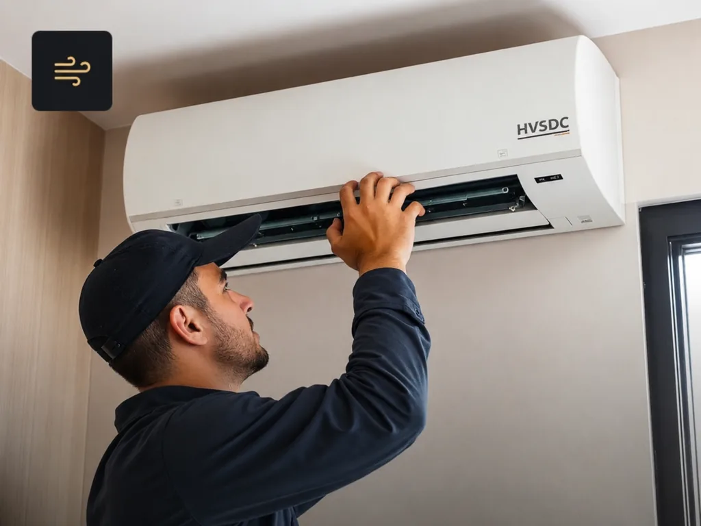 Technician servicing a wall-mounted air conditioner during an AC repair and maintenance visit in Dubai by DAR AL HULOOL Technical Services LLC